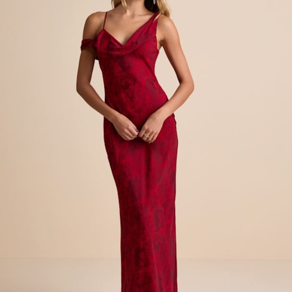 Lulus Minnie Red Satin Jacquard Asymmetrical Maxi Dress - Size S - Picture 1 of 2